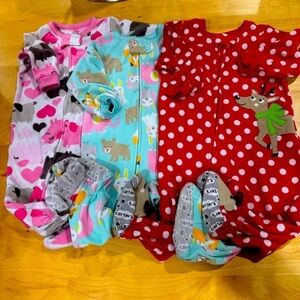 3 Baby Girl Carter’s Fleece Zip Up Sleepers Pink Blue Red Christmas 12 mos.